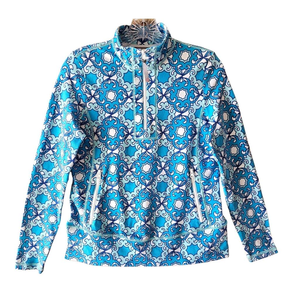 TALBOTS Women's Petite S PS Top Activewear 1/4 Zip Geometric Blue White 34"
